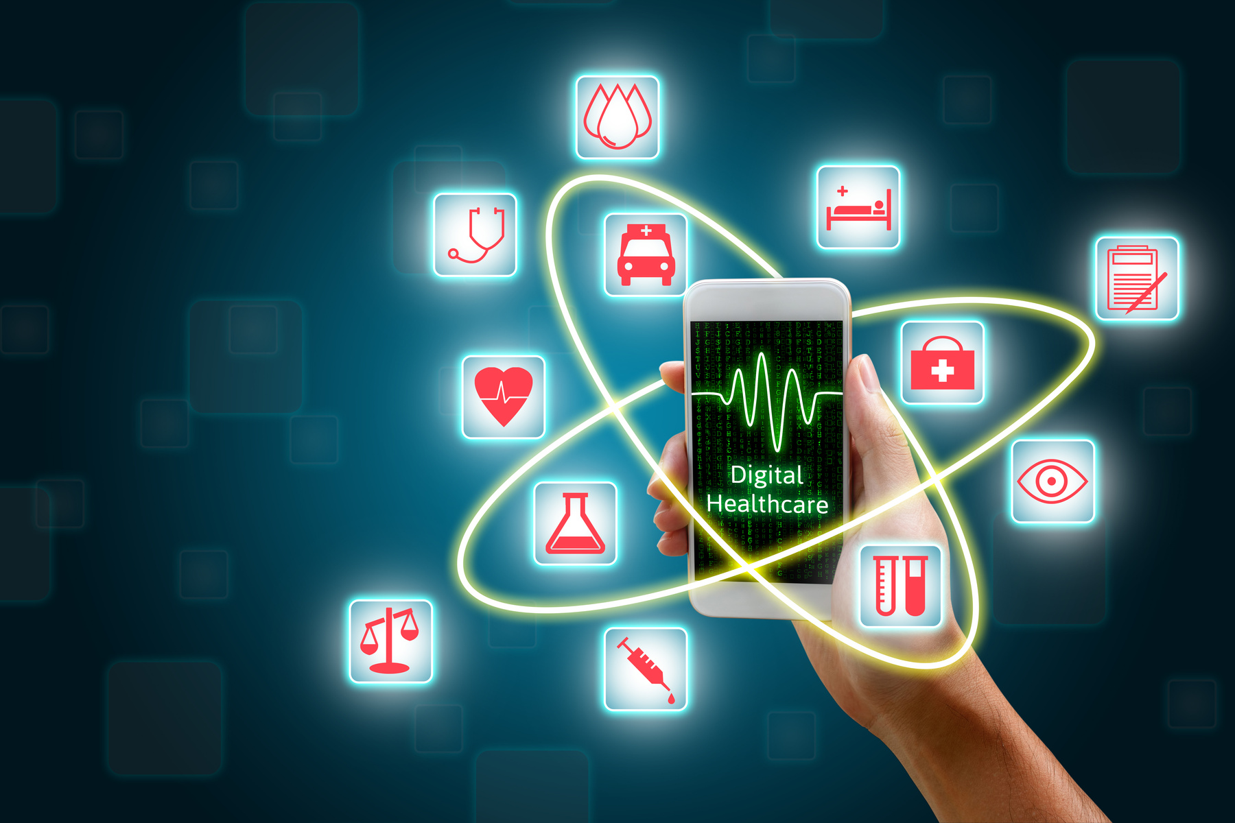 Woman using smartphone, Digital healthcare concept.