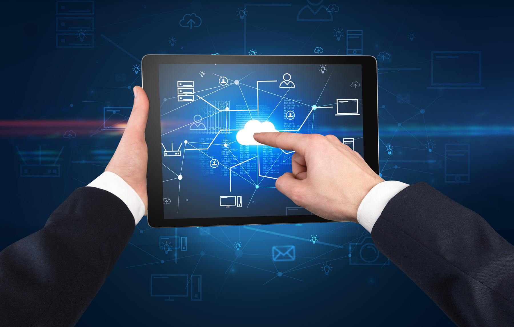 First person view of tablet with cloud office concept